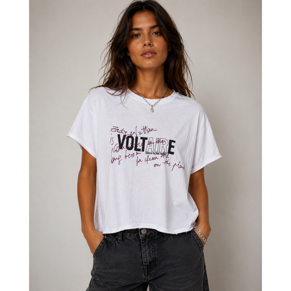 Zadig‎ & Voltaire Bella Committed T-Shirt Graphic Raw Hem White Medium